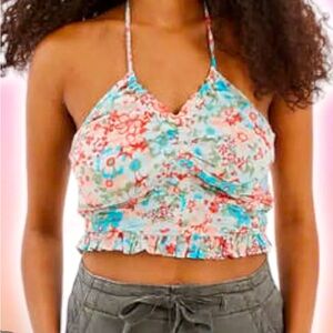 American Eagle NWT HALTER smocked BACK TIE NECK FLORAL BOHO CROP TOP